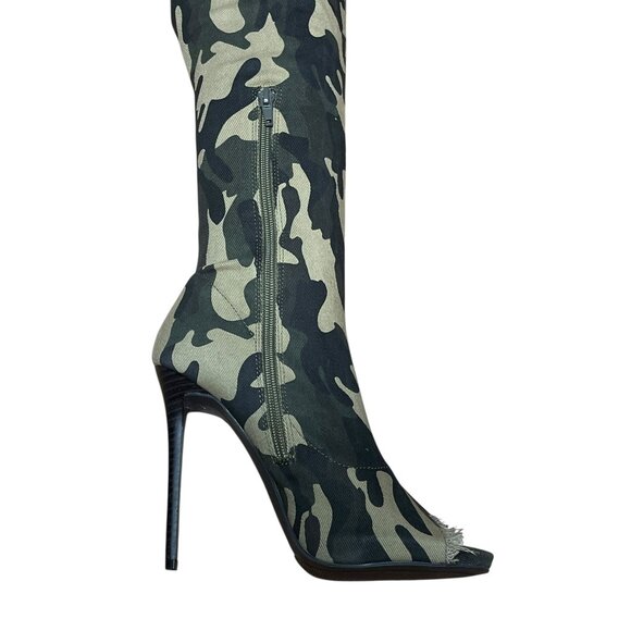 Shoedazzle Camo Thigh-High Stiletto Boots Size 8 With Peep Toe & Distressed Ripp - Picture 16 of 16